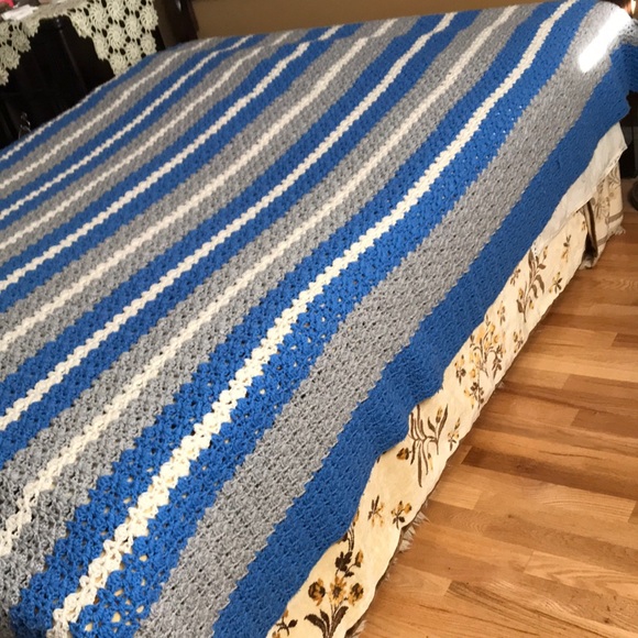 Handmade Queen Size Blue and Gray Striped Crochet Blanket - Picture 8 of 9
